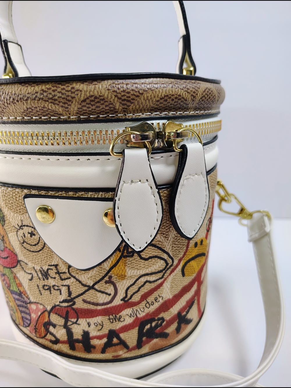 Graffiti Print Cylinder Crossbody Bag & Top Handle Handbag - Picture 3 of 12